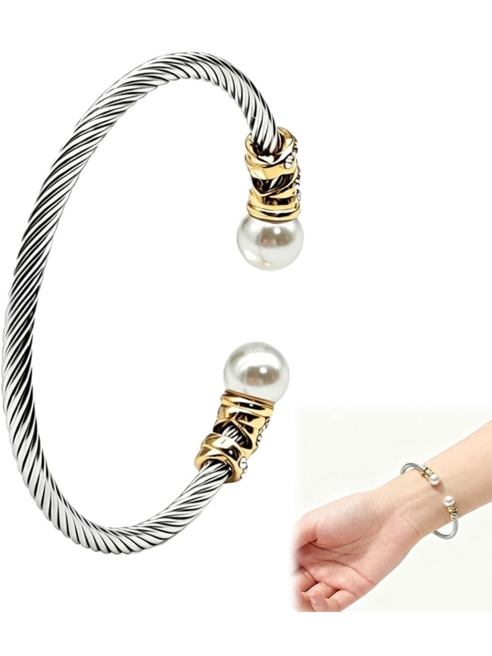 Silver-Tone Twisted Cable Cuff with Gold Accents & Pearls